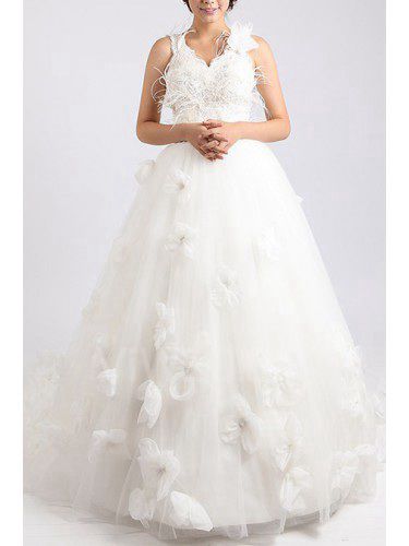 Net and Satin V-neck Chapel Train Ball Gown Wedding Dress