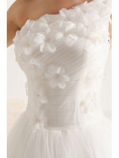 Net and Satin One Shoulder Cathedral Train Ball Gown Wedding Dress with Handmade Flowers