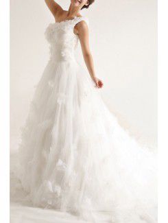 Net and Satin One Shoulder Cathedral Train Ball Gown Wedding Dress with Handmade Flowers