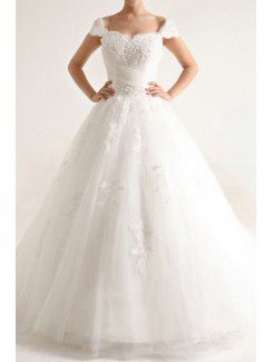 Net and Satin Off-the-Shoulder Cathedral Train Ball Gown Wedding Dress with Beading