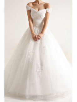 Net and Satin Off-the-Shoulder Cathedral Train Ball Gown Wedding Dress with Beading