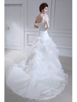 Organza One Shoulder Cathedral Train Ball Gown Wedding Dress with Handmade Flowers