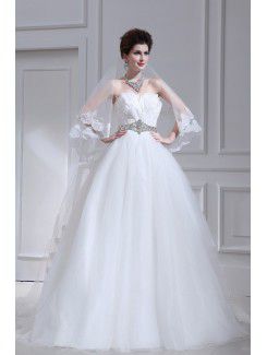 Organza Strapless Chapel Train Ball Gown Wedding Dress with Crystal