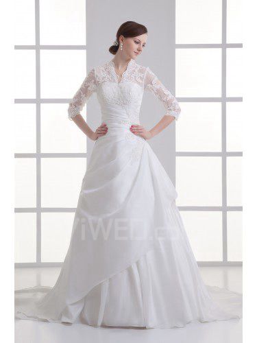 Satin Strapless A-line Sweep train Gathered Ruched Wedding Dress with Jacket