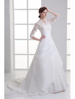 Satin Strapless A-line Sweep train Gathered Ruched Wedding Dress with Jacket