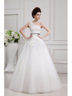 Net and Satin One Shoulder Floor Length Ball Gown Wedding Dress with Handmade Flowers