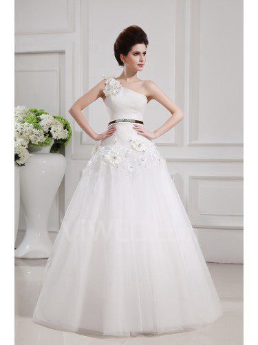 Une épaule étage longueur robe de bal de mariage robe de satin net et de fleurs à la main