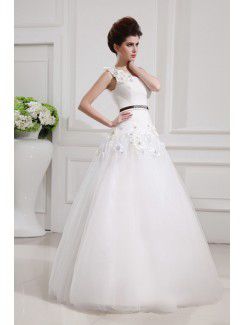 Net and Satin One Shoulder Floor Length Ball Gown Wedding Dress with Handmade Flowers