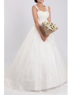 Net and Satin Straps Sweep Train Ball Gown Wedding Dress with Crystal