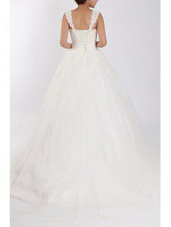 Net and Satin Straps Sweep Train Ball Gown Wedding Dress with Crystal