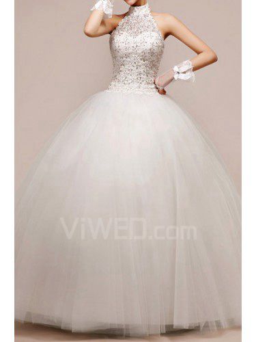 Net and Satin Halter Floor Length Ball Gown Wedding Dress