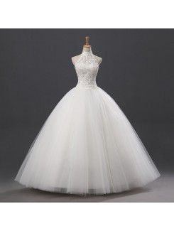 Net and Satin Halter Floor Length Ball Gown Wedding Dress
