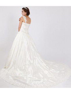 Net and Satin Straps Cathedral Train Ball Gown Wedding Dress with Crystal