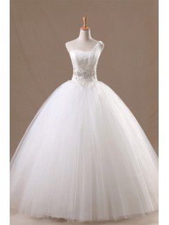 Organza en skulder gulv lengde ball kjole brudekjole med håndlagde blomster