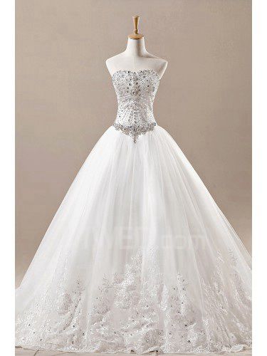 Net Strapless Cathedral Train A-line Wedding Dress with Crystal