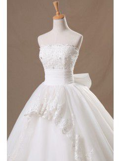 Organza Strapless Chapel Train Ball Gown Wedding Dress with Crystal