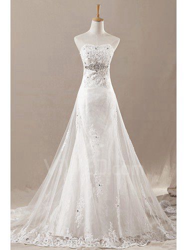 Net Strapless Cathedral Train A-line Wedding Dress with Crystal