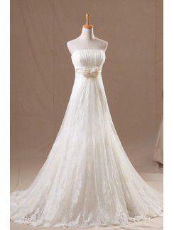 Organza Strapless Chapel Train A-line Wedding Dress with Pearls