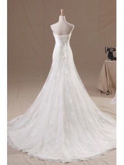 Organza Strapless Chapel Train A-line Wedding Dress with Pearls