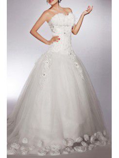 Net Strapless Chapel Train Ball Gown Wedding Dress with Handmade Flowers