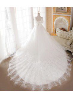 Organza Strapless Cathedral Train A-line Wedding Dress with Beading