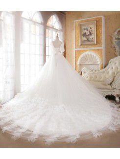Organza Strapless Cathedral Train A-line Wedding Dress with Beading