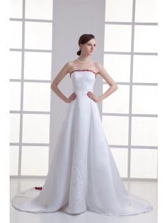 Satin Strapless A-line Sweep train Embroidered Wedding Dress