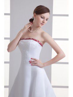 Satin Strapless A-line Sweep train Embroidered Wedding Dress
