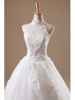Organza Halter Chapel Train Ball Gown Wedding Dress with Pearls