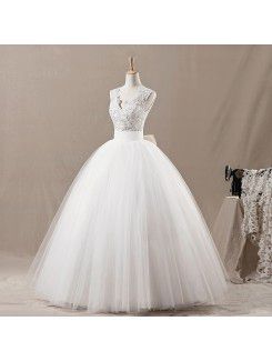 Net V-neck Floor Length Ball Gown Wedding Dress with Sequins
