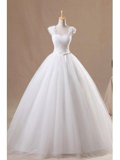Organza Straps Floor Length Ball Gown Wedding Dress with Handmade Flowers