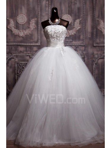 Net stroppeløs gulv lengde ball kjole brudekjole med paljetter