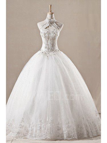 Net halter gulv lengde ball kjole brudekjole med paljetter