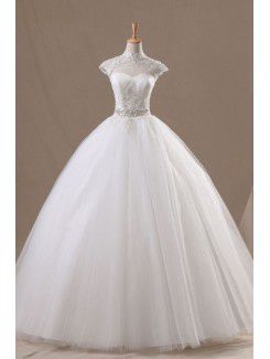 Net High Collar Floor Length Ball Gown Wedding Dress with Handmade Flowers