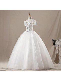 Net V-neck Floor Length Ball Gown Wedding Dress with Crystal