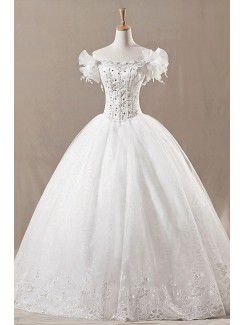 Netto off-the-skulder gulvet længde bolden kjole brudekjole med krystal