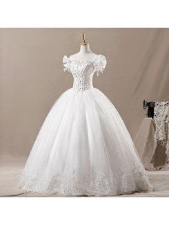 Net Off-the-Shoulder Floor Length Ball Gown Wedding Dress with Crystal