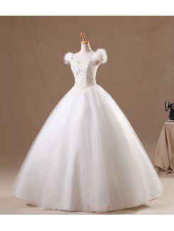 Organza V-neck Floor Length Ball Gown Wedding Dress with Pearls