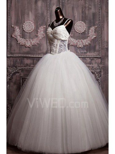 Net Spaghetti Floor Length Ball Gown Wedding Dress with Pearls