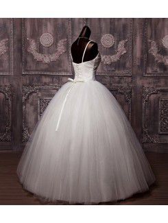 Net Spaghetti Floor Length Ball Gown Wedding Dress with Pearls