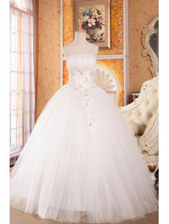 Organza axelbandslös golv längd balklänning bröllopsklänning med kristall