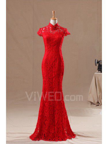Satin High Collar Floor Length Mermaid Wedding Dress with Embroidered