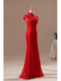 Satin High Collar Floor Length Mermaid Wedding Dress with Embroidered