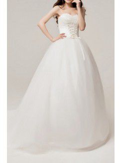 Satin Sweetheart Chapel Train Ball Gown Wedding Dress with Embroidered