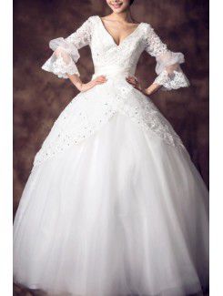 Lace V-neck Chapel Train Ball Gown Wedding Dress with Sequins