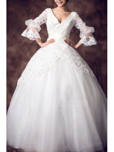 Кружева v-образным вырезом часовня поезд бальное платье свадебное платье с блестками