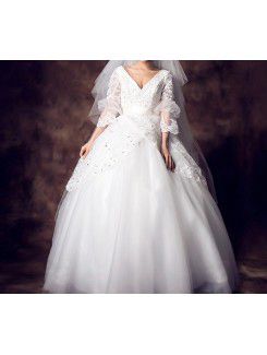 Lace V-neck Chapel Train Ball Gown Wedding Dress with Sequins