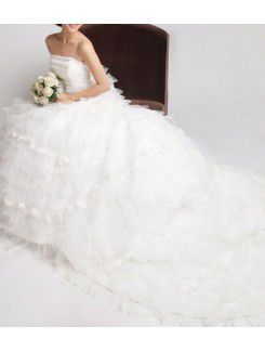 Organza Strapless Cathedral Train A-line Wedding Dress with Crystal