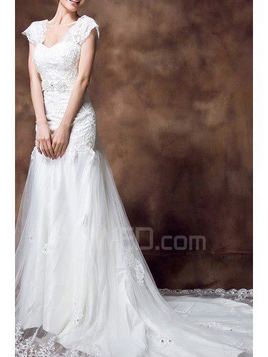 Lace Off-the-Shoulder Cathedral Train Sheath Wedding Dress with Crystal