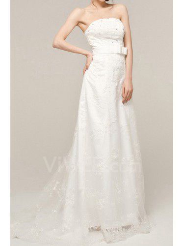 Satin Strapless Sweep Train Corset Wedding Dress with Crystal